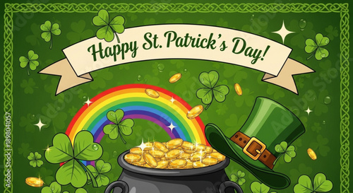 Vibrant St. Patrick's Day Celebration with Rainbow, Pot of Gold, and Shamrocks