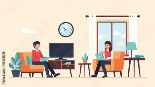 People working and relaxing in a cozy living room with a large window