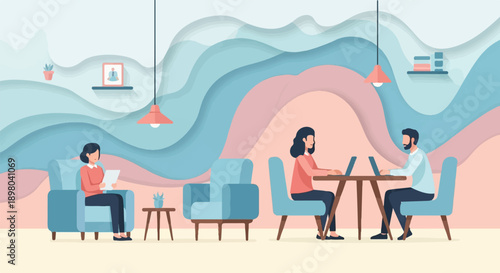 People working and relaxing in a modern, colorful lounge area