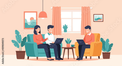 People working remotely on laptops in a cozy living room with plants