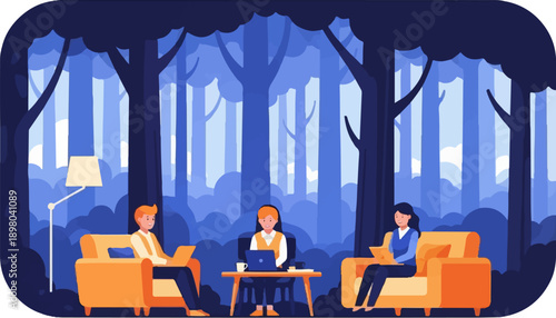 People working remotely on laptops in a forest setting