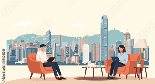 People working on laptops in cozy armchairs with a city skyline