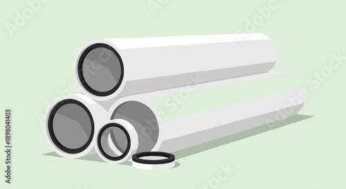 Pile of various sized white cylindrical pipes with black rims on light green background