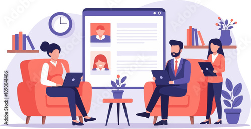 People working on laptops in a modern office setting