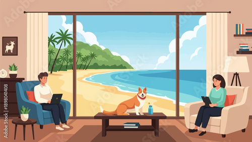 People working remotely with a dog in a beach house, vibrant digital art