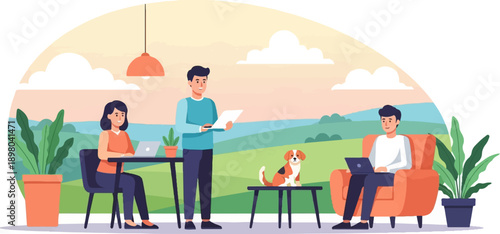 People working remotely with a dog outdoors at a cafe with a scenic view