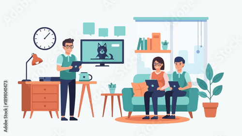 People working and relaxing indoors with technology and decor