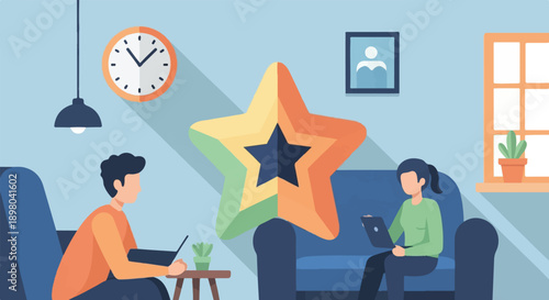 People working from home on laptops, large star decoration