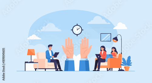 People working in a modern office setting with a clock and hands