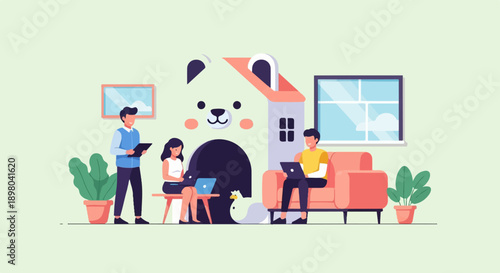 People working indoors with a cartoon bear house and plants