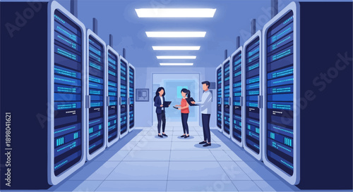People working in a modern server room with glowing blue computer racks