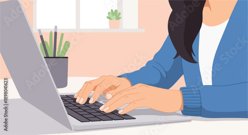 Person's hands typing on a laptop keyboard, with a plant and window in the background