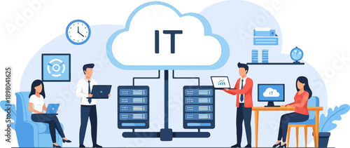 People working in an office with servers and cloud technology