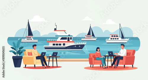 Remote workers enjoy waterside views with yachts and sailboats in background