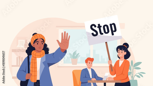 Protestors hold up a "Stop" sign in a colorful, stylized indoor scene