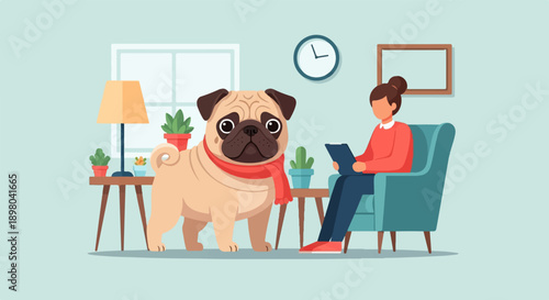 Pug with scarf in therapy session with owner using tablet
