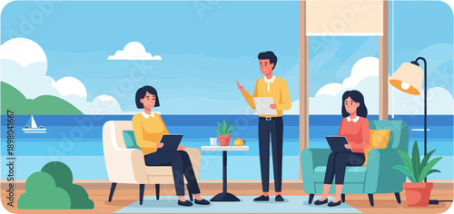 People working near a tranquil ocean with boats sailing by