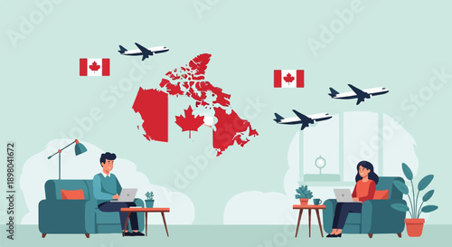 Remote workers in Canada use laptops with airplanes flying above
