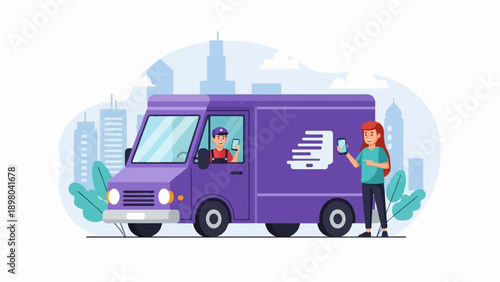 Purple delivery van with driver and woman holding phones in city