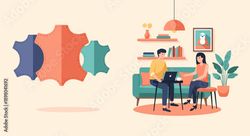 People working on laptop and abstract leather shapes in living room