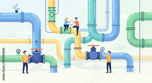 People working on interconnected industrial pipes and valves