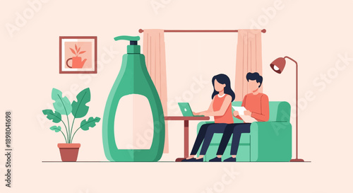 People working on laptop and reading on couch near large soap dispenser