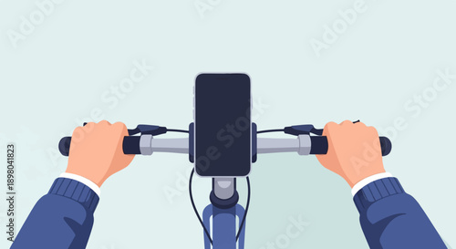 Person's hands holding handlebars with phone mounted on a light blue bicycle