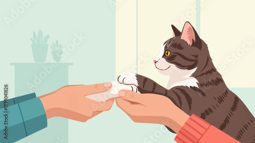 Person's hand and cat's paw touching gently indoors