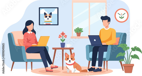 People working on laptops at home with a dog and plants (2)