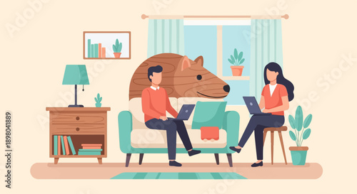 People working on laptops at home with a large wooden animal