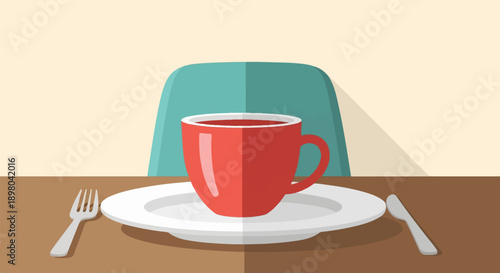 Red cup of beverage on a plate with fork and knife