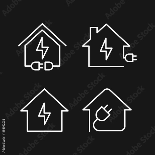 Home Energy and Electricity Line Icons Set: House with Lightning Bolt and Power Plug Symbols for Smart Home Concepts