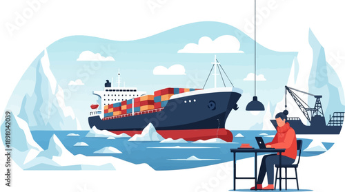 Person works on laptop beside arctic ocean with cargo ship