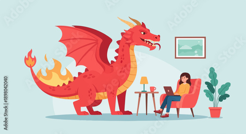 Red dragon with wings watches person using laptop in cozy room