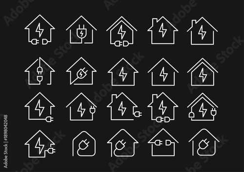 Home Electricity and Energy Icon Set with House, Lightning Bolt, and Power Plug Symbols