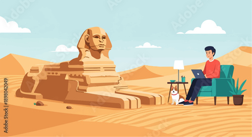 Person working remotely with dog and Sphinx in desert landscape