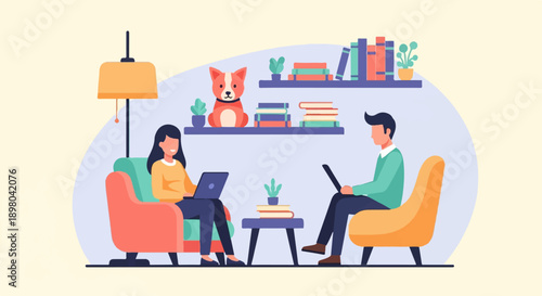 People working on laptops in a cozy home with dog and plants