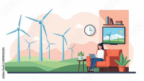 Person working on laptop with wind turbines visible indoors and outdoors