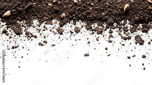 Close-up of rich, dark soil with pebbles and a black background