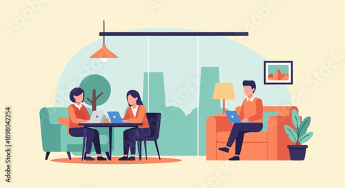 People working on laptops in a modern, bright office or cafe setting