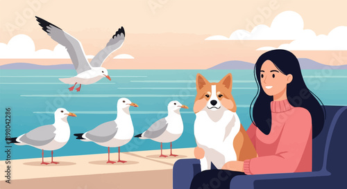 Person with corgi and seagulls at the seaside