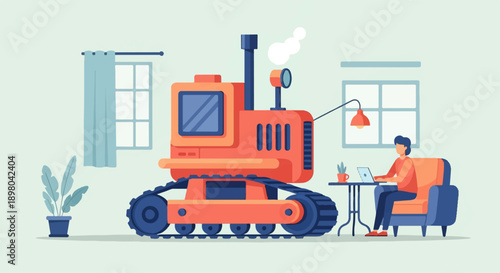 Person working on laptop near a tractor in a room