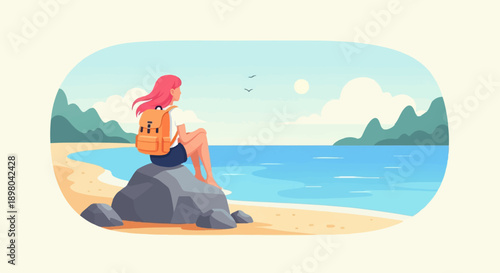 Person with backpack looking out at ocean from beach rock