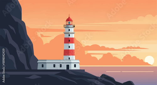 Pixelated lighthouse stands on rocky shore during sunset with orange sky