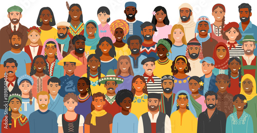 Set of a diverse group of people from different cultures wearing traditional clothing. Concept of equality, cultural diversity, friendship, inclusion. Vector flat background.
