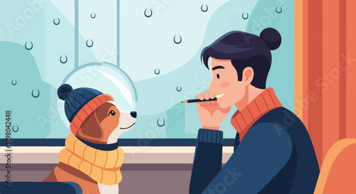 Person with a dog wearing a hat and scarf look out window