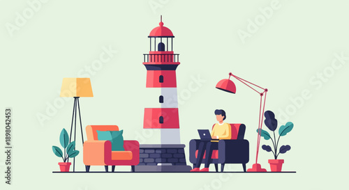 Person working on laptop in cozy room with lighthouse decoration