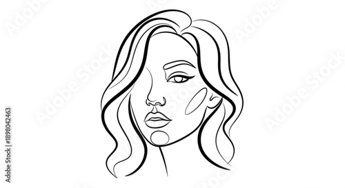 Stylized woman face illustration with wavy hair and makeup design element