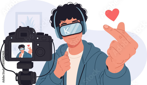 Person wearing VR headset and headphones, making heart gesture
