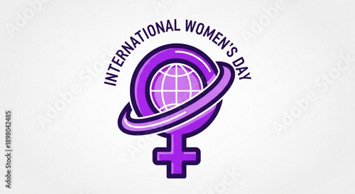 International women's day logo with purple globe and female symbol